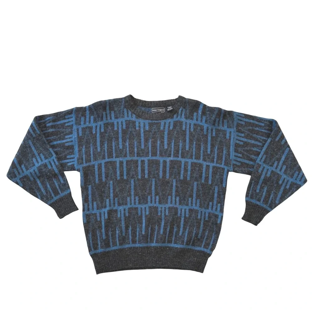 Vintage 80s Peter England Geometric Grandpa Sweater M Black Blue Wool Blend Knit